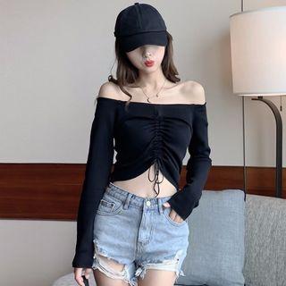 Off-shoulder Drawstring Plain Top