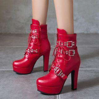 Pointed Block Heel Lace Up Buckled Short Boots