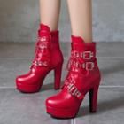 Pointed Block Heel Lace Up Buckled Short Boots