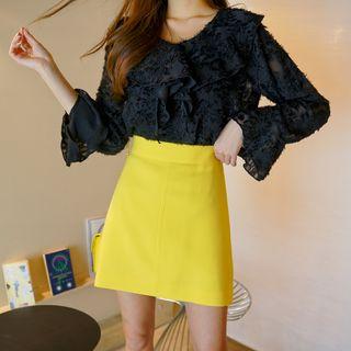 Ruffle-collar Furry Sheer Top