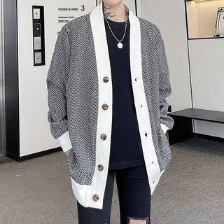 Contrast Trim Herringbone Button-up Cardigan