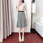 Set: Off-shoulder Short-sleeve Top + Striped A-line Skirt