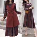 Double Breasted Long Vest / Long-sleeve Pattern A-line Dress