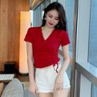 V-neck Short-sleeve Drawstring T-shirt