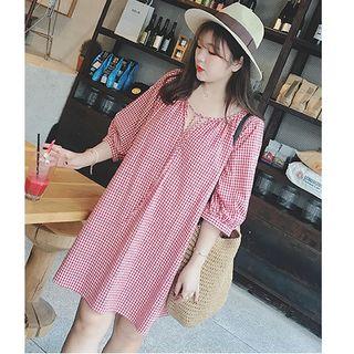 V-neck 3/4-sleeve Plaid Shift Dress