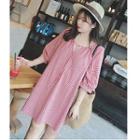 V-neck 3/4-sleeve Plaid Shift Dress