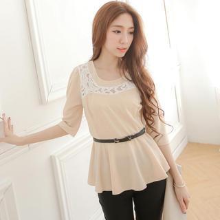 Elbow-sleeve Lace-yoke A-line Top