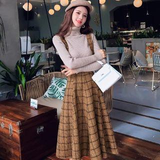 Turtleneck Knit Top / Suspender Midi Plaid A-line Skirt / Set