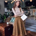 Turtleneck Knit Top / Suspender Midi Plaid A-line Skirt / Set