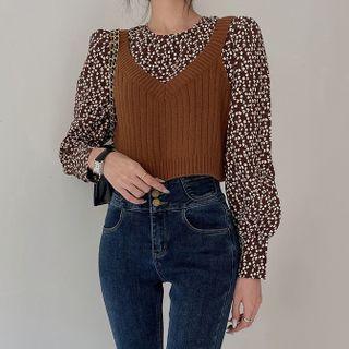 Set: Floral Print Blouse + Sweater Vest