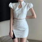 Set: Puff-sleeve Cropped Qipao Top + High-waist A-line Skirt