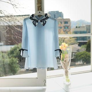 Lace-collar Beribboned 3/4-sleeve Blouse