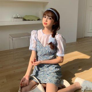 Short-sleeve Blouse / Floral Print Pinafore Dress