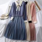 Patchwork Ribbon-neckline Colorblock A-line Dress