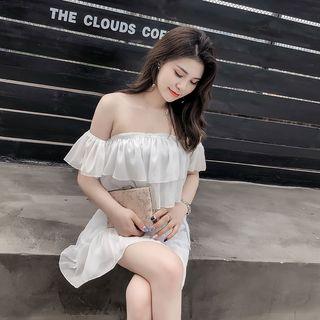 Set: Chiffon Short-sleeve Off Shoulder Top + A-line Mini Skirt