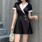 Set: Short-sleeve Contrast Trim A-line Mini Dress + Shorts
