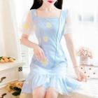 Flower Print Puff-sleeve Mesh Trim Mini A-line Dress