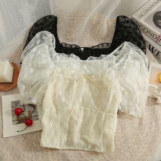 Off-shoulder Ruffled Sheer Lace Top