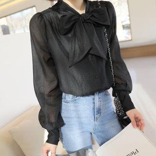 Puff-sleeve Tie-neck Sheer Blouse