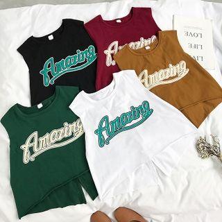 Lettering Sleeveless Slit T-shirt
