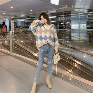 V-neck Wool Blend Argyle Sweater Beige - One Size