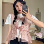 Short-sleeve Plain T-shirt / Dotted Tie-front Mesh Camisole Top