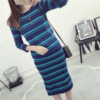 Set: Striped Long Sleeve Knit Top + Midi Knit Skirt