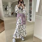 Long-sleeve Floral Print Midi A-line Dress Blue Floral - White - One Size