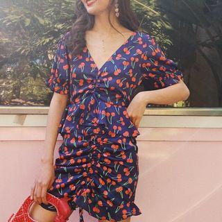 Cherry Print Drawstring Mini Pencil Skirt