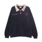 Embroidered Collared Sweatshirt Black & Beige - One Size