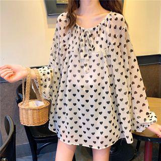 Lantern-sleeve Heart Print Chiffon Top