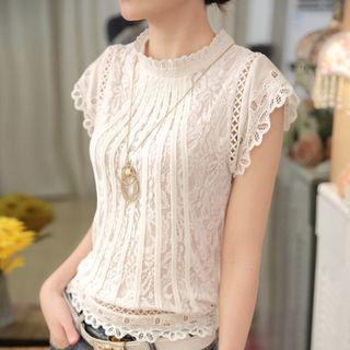 Cap Sleeve Mock Neck Frilled Trim Lace Top