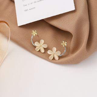 Cat Eye Stone Rhinestone Flower Earring 1 Pair - 925 Silver Needle Earring - Silver Rhinestone - Gold - One Size