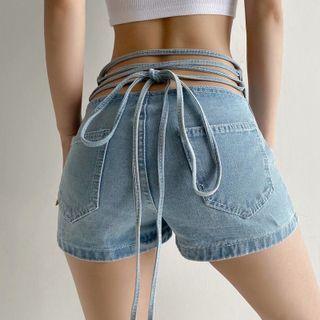 High-waist Tie-waist Mini Denim Shorts