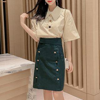 Set: Buttoned Elbow-sleeve Blouse + High-waist Straight-fit Skirt