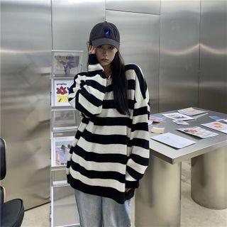 Polo-neck Striped Sweater Striped Sweater - Black & White - One Size