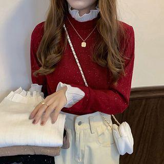 Mesh Ruffled Glitter Knit Top
