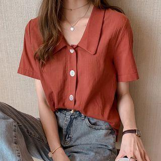 Short-sleeve Plain Lapel Loose Fit Shirt