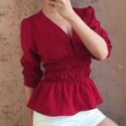 Elbow-sleeve Frill Trim Crinkled Top