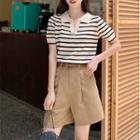 Striped Short-sleeve Collared Knit Top / High Waist Shorts