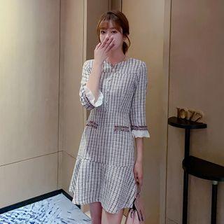 Plaid 3/4-sleeve Ruffle Hem A-line Dress