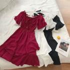 Plain Off-shoulder Ruffled-trim Midi Dress