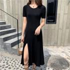 Short-sleeve Slit A-line Midi Dress