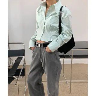 Dual-pocket Pintuck Crop Shirt Mint Green - One Size