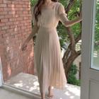 Puff-sleeve Midi Accordion Pleat A-line Dress