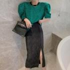 Puff-sleeve Plain/leopard Blouse / High-waist Plain Shirred Side-slit Skirt