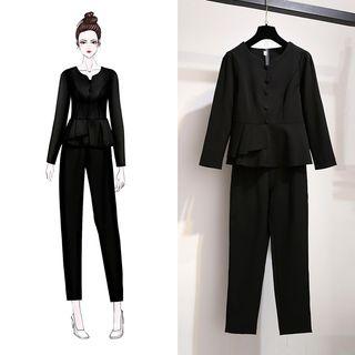 Set: Long-sleeve Plain Top + Dress Pants