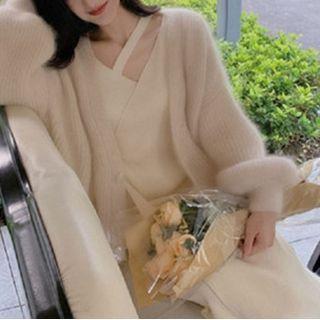 Plain Cardigan / Midi Dress / Set
