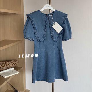 Elbow-sleeve Collared Denim Mini A-line Dress