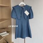 Elbow-sleeve Collared Denim Mini A-line Dress